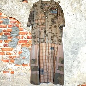 Upcycled patched over dyed fringe back sportsmen’s fish print plaid duster shirt